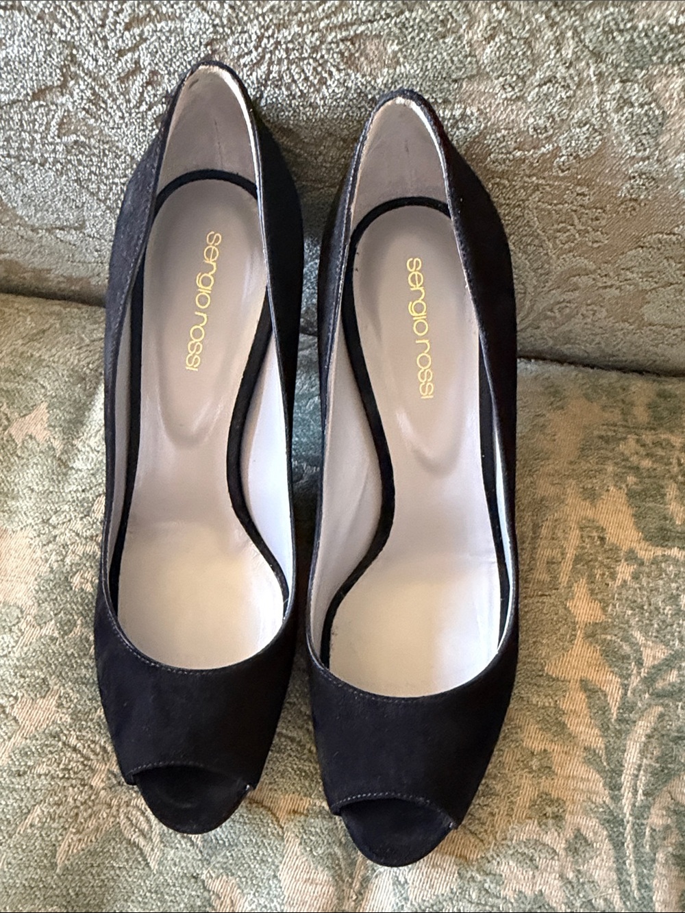 Sergio Rossi 4 inch heel unused Black Suede Peep-Toe Pumps